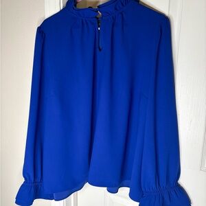 J. Crew Royal Cobalt Blue Long Sleeve Ruffle Neck Keyhole Crepe Blouse Top Shirt